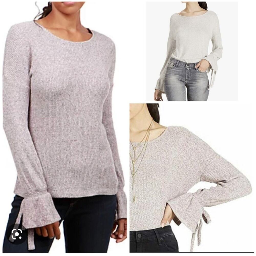 Lucky Brand Gray Long Sleeve Bell Cuff w/Tie Ribbed Pullover Sweater Size Large
